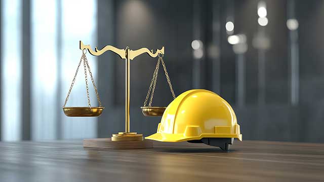 Symbolbild Arbeitsrecht: Schutzhelm und Waage